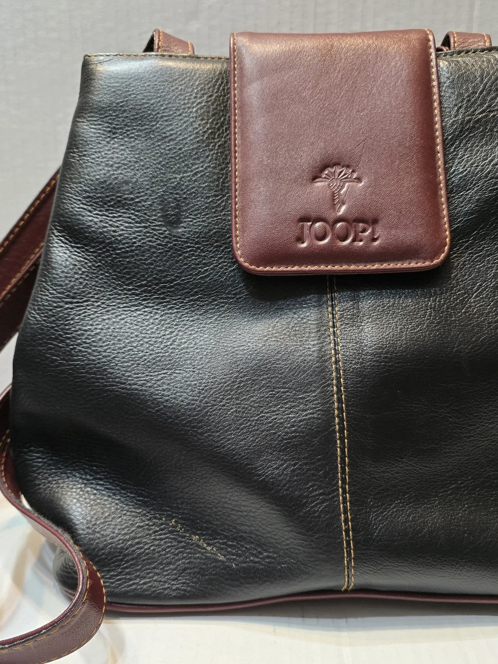 JOOP!  Black Leather Shoulder Bag with Brown Trim